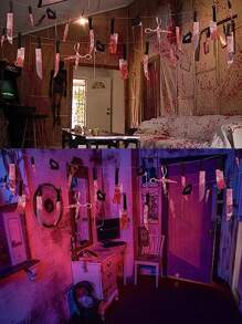 Decoración de Halloween: Cuchillo de PVC con sangre, sierra, accesorios de horror para hotel, KTV, casa embrujada, bar del terror - Incluye adorno de latte, bandera, guirnalda con sangre, decoración para fiesta de zombis y vampiros, suministros para Navidad