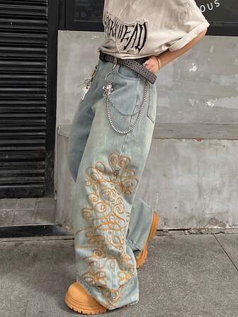 1pc Casual American Style Embroidered Men's Loose Fit Washed Wide Leg Jeans Pants (Product Does Not Include Belt And Accessories)