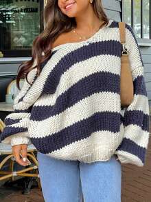 Women Oversized Striped Sweater Color Block Knit Long Sleeve Drop Shoulder Loose Pullover Tops Y2K Preppy Fall Winter Jumper - Navy Blue - View 1