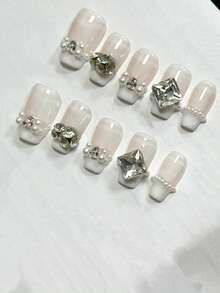 10 件手工制作中号 Cofin 按压指甲，情人节指甲，浪漫美甲，芭蕾舞女演员 DIY 假指甲法式指甲白色指甲，美甲用品水钻和珍珠，女士和女孩亮面假指甲 - 彩色 - 查看 3