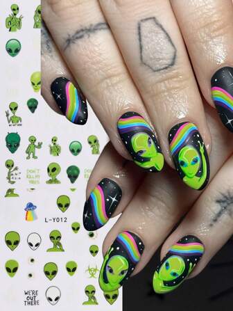 Halloween Luminous Alien Nail Art Stickers Green Mysterious UFO Sign Language Eyeball Glow-In-The-Dark 3D Self-Adhesive Nail Design For Nail Decorations Supplies
