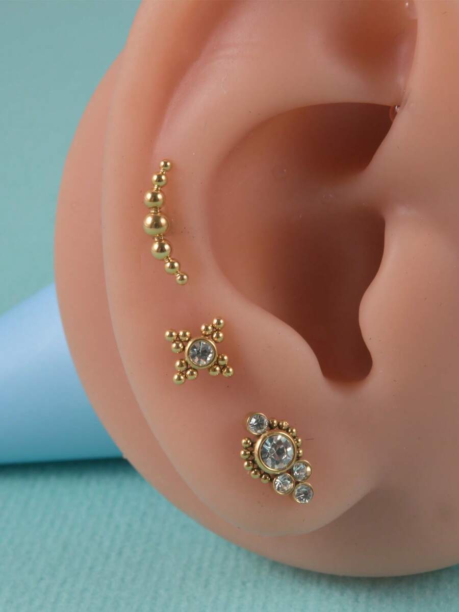 3入組水鑽裝飾耳釘和1入組工具 - 彩色 - 查看 1