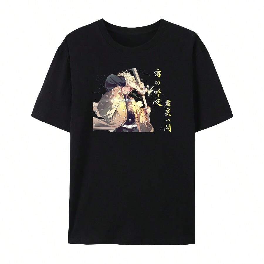 Demon Japanese Anime Slayer Unisex Short Sleeve Crewneck Shirt,Tanjiro &Amp; Nezuko Graphic Cotton Men T-Shirt Q - Black - View 1