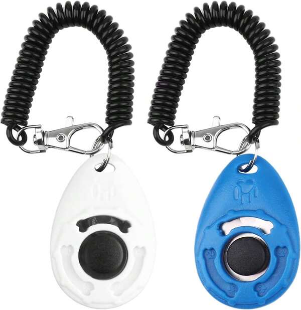 Dog Training Clicker With Wrist Strap - OYEFLY Durable Lightweight Easy To Use, Pet Training Clicker For Cats Puppy Birds Horses. Perfect For Behavioral Training 2-Pack (Blue And White)