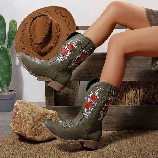 Botas de media pantorrilla con punta cuadrada y diseño deslizante, de moda para mujer. unicolor con bordado de estilo occidental, adecuadas para playa, resort, exterior y todas las estaciones