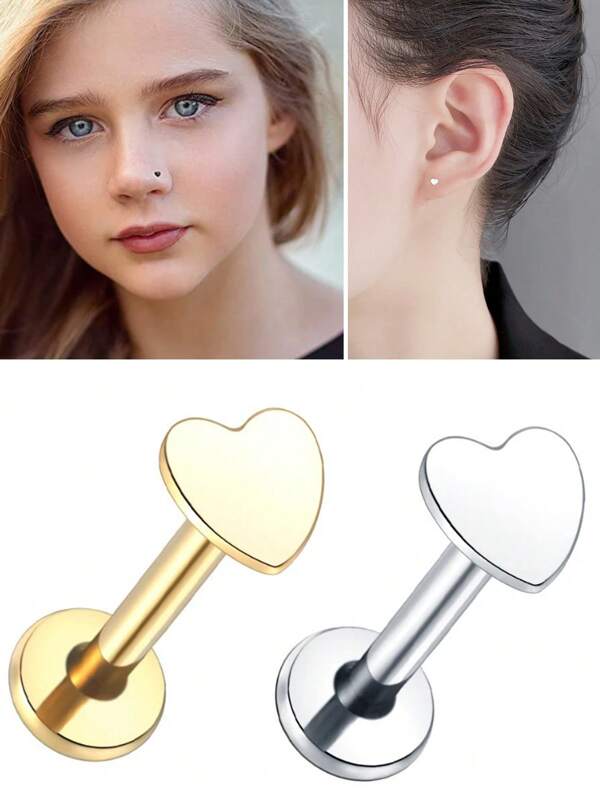 2pcs Heart Stud Earrings Flat Back - Stainless Steels Internal Thread Cartilage Earrings For Women Hypoallergenic CZ Stud Piercing Jewelry Tragus/Helix/Conch/Medusa/Lip/Labret 8mm Gold Silver