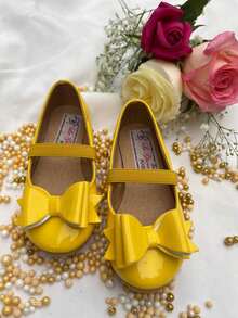 zapato zapatilla flats valerina para niña con moño para fiestas eventos especiales balerina recubierto amarillo - Amarillo - Ver 5