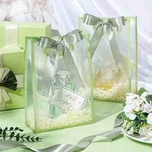 1/4/12pcs Transparent Gift Bags With Ribbons, Suitable For Baby Shower, Graduation, Wedding, Bridal Party, Birthday Party, Business Occasions, With Cut-Out Handles, Reusable PP Material, Size: 7x10x3.15 Inches (Green) - Green - View 5