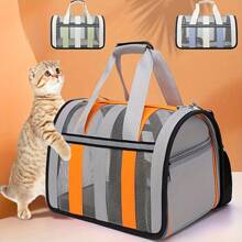 Bolsa de viaje portátil aprobada por aerolíneas, transportín para mascotas transpirable, bolsa plegable para transportar mascotas al aire libre para gatos y perros, con correa de hombro y asa, diseño a rayas duradero para viajes de gatos y perros, en múltiples colores
