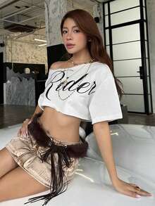 Women's Letter Print Crop Tops Off One Shoulder Short Sleeve Loose Fit T-Shirts Streetwear - 白色 - 查看 4