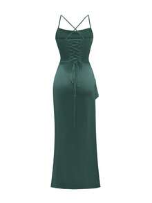 Unadoll Women's Low-Cut Backless Spaghetti Strap Waist Tie Slit Satin Solid Color Maxi Dress, Suitable For Back To School, Christmas, Graduation Party And Other Occasions, Elegant And Sexy - Dark Green - View 4