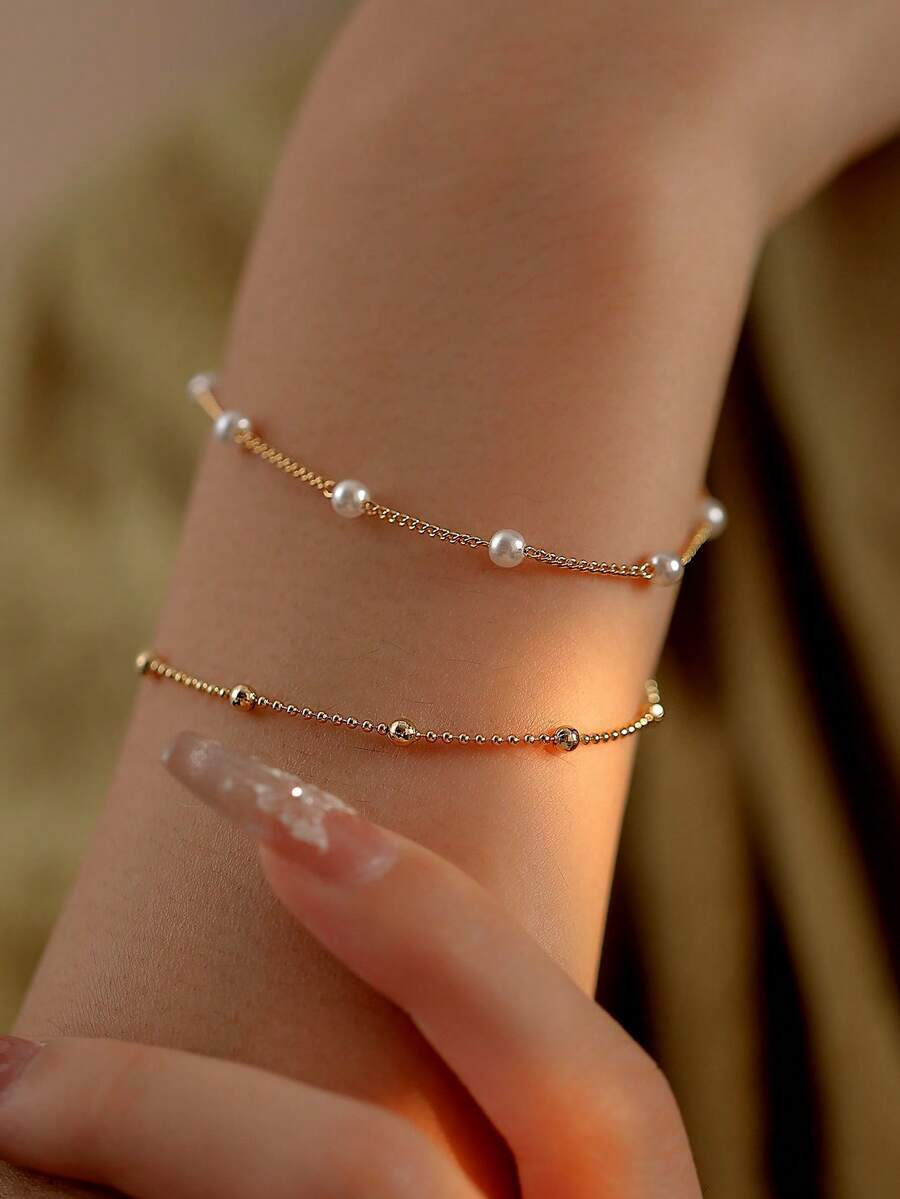 Nooxian 2pcs/Set Gold Jewelry Fashion Simple Faux Pearl Delicate Chain Bracelet Set, Layered Bracelet Jewelry Gift For Women (Pearl Bead Quantity Random)