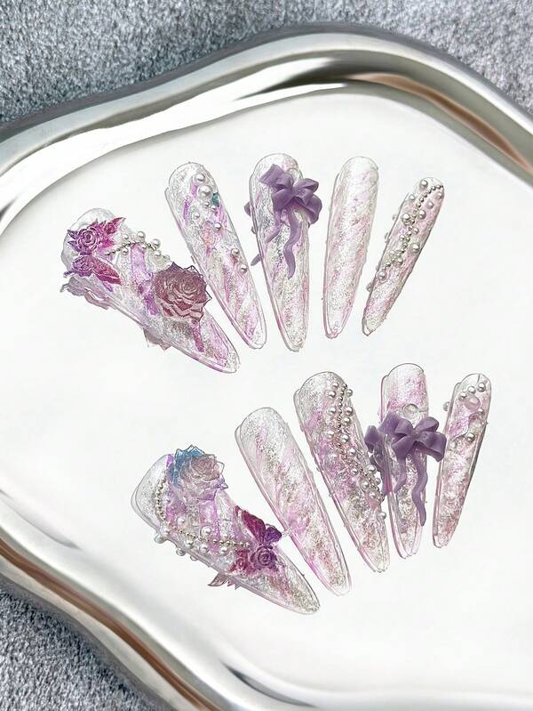 40MM Extra Long Stiletto Nails Handmade Press-On Nails, Multi-Color Nail Tips With Bow, Pearl, And Floral Accessories, Glitter Cat Eye Gradient Ombre Hand-Painted Y2K Creative Pattern Combinations, Color-Blocking 3D Design Artificial Nails, Full Cover DIY Shiny False Nails 10 Pieces/Bag