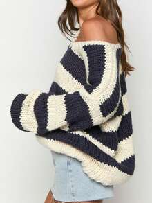 Women Oversized Striped Sweater Color Block Knit Long Sleeve Drop Shoulder Loose Pullover Tops Y2K Preppy Fall Winter Jumper - Navy Blue - View 6