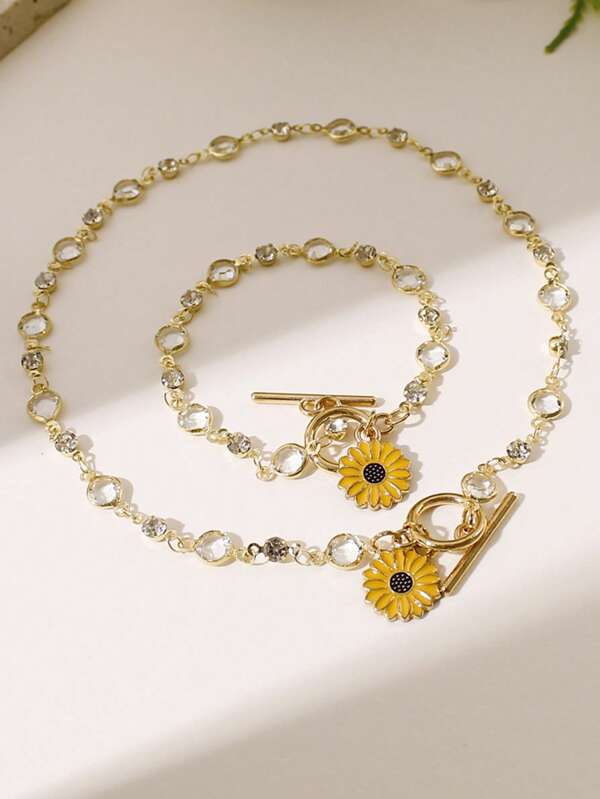 1 Set Vacation Style Chunky Faux Crystal Resin Chain Sunflower Pendant Necklace And Bracelet Set, Versatile Jewelry For Vacation, Travel And Daily Wear