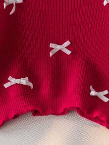 Girls & Teens' Elegant Flare Sleeve Bow Decor Short Knit Pullover Sweater, Suitable For Daily, Vacation, Spring, Autumn, Winter