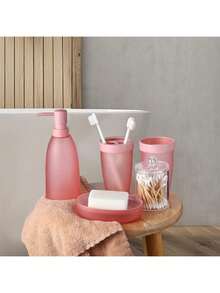 5 件粉色浴室配件套装 - 带牙刷架、乳液皂液器、皂盒、牙刷杯、棉签罐、浴室装饰套装配件，完整夏季返校收纳 - 粉色 - 查看 7