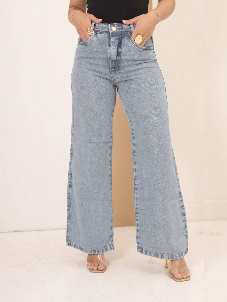 Calça Jeans Wide Leg Feminina Cintura Alta Tecido Grosso Elegante Confortável 100% Jeans Algodão Vintage