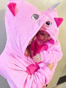 Pijama Fofinho Fleece Macacão Infantil Gatinha Rosa Kigurumi Feminino Meninas Original - Rosa Bebê - Visão 3