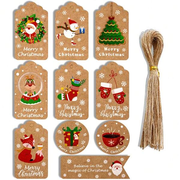 50Pcs Christmas Themed Gift Tags, Santa Claus, Snowman, Elk Pattern Decorative Tags, Suitable For Winter Party, New Year, Christmas Gift Packaging Decoration