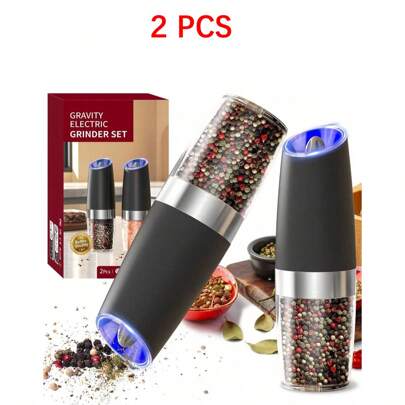 SOKANY 2 piezas Juego de molinillos de sal y pimienta eléctricos ajustables en la coarseness, operación automática con una sola mano, rellenables con base, luz LED