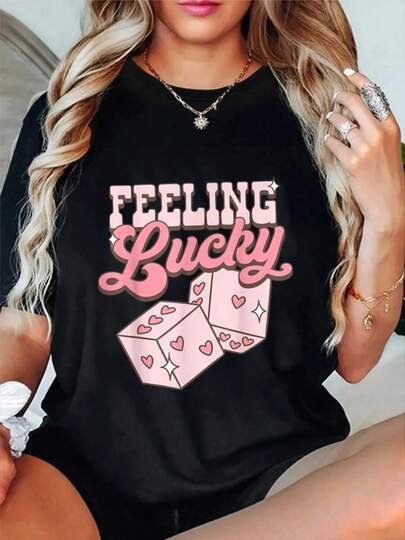 100% Algodón Sensación de Suerte Día de San Valentín Camiseta Divertida con Estampado de Dados y Corazones, Camiseta de Cuello Redondo, Camisetas Gráficas para Mujeres, Camiseta Casual de Manga Corta para Primavera y Verano, Ropa de Mujer