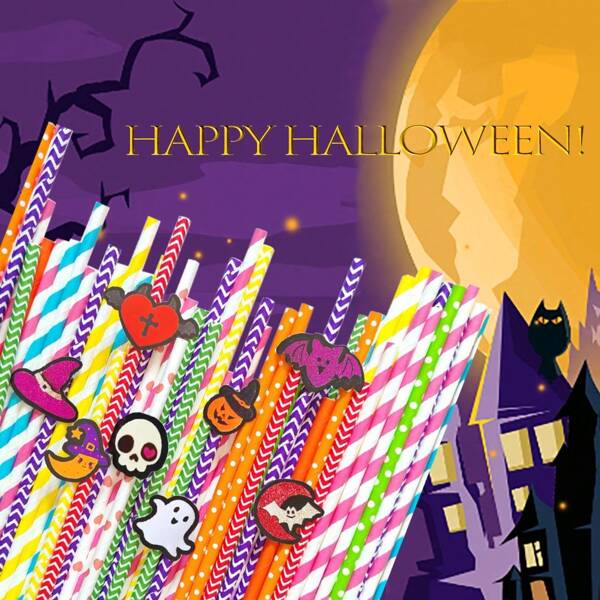 Pajitas de Halloween, Decoraciones de Halloween, Pajitas hechas a mano con diseños de calabaza/fantasma/murciélago/sombrero de bruja/calavera linda/corazón lindo/luna dorada, para hacer que el ambiente festivo de Halloween sea talla grande intenso. Decoraciones de Halloween, pajitas de papel desechables con diseños de araña, calabaza, bruja, calavera para fiestas (los colores de las pajitas se emparejan al azar)