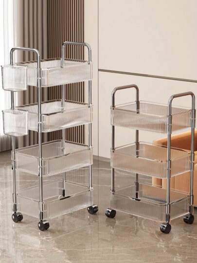 1pc Transparent Small Push Cart Shelf, Suitable For Bathroom, Bedside, Snacks, Bedroom, Multi-Layer Mobile Cosmetics Storage, Applicable For Kitchen, Snack Cart, Cosmetic Storage Cart, Beauty Salon, Bathroom