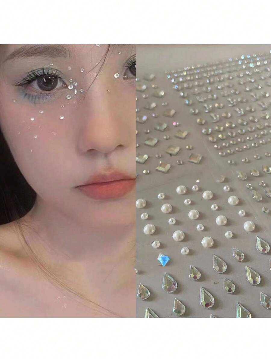 4 件 3D 水晶石贴纸、星星和心形图案脸贴、钻石和珍珠化妆装饰、舞台妆、水钻泪珠和痣脸贴、闪光美甲装饰
