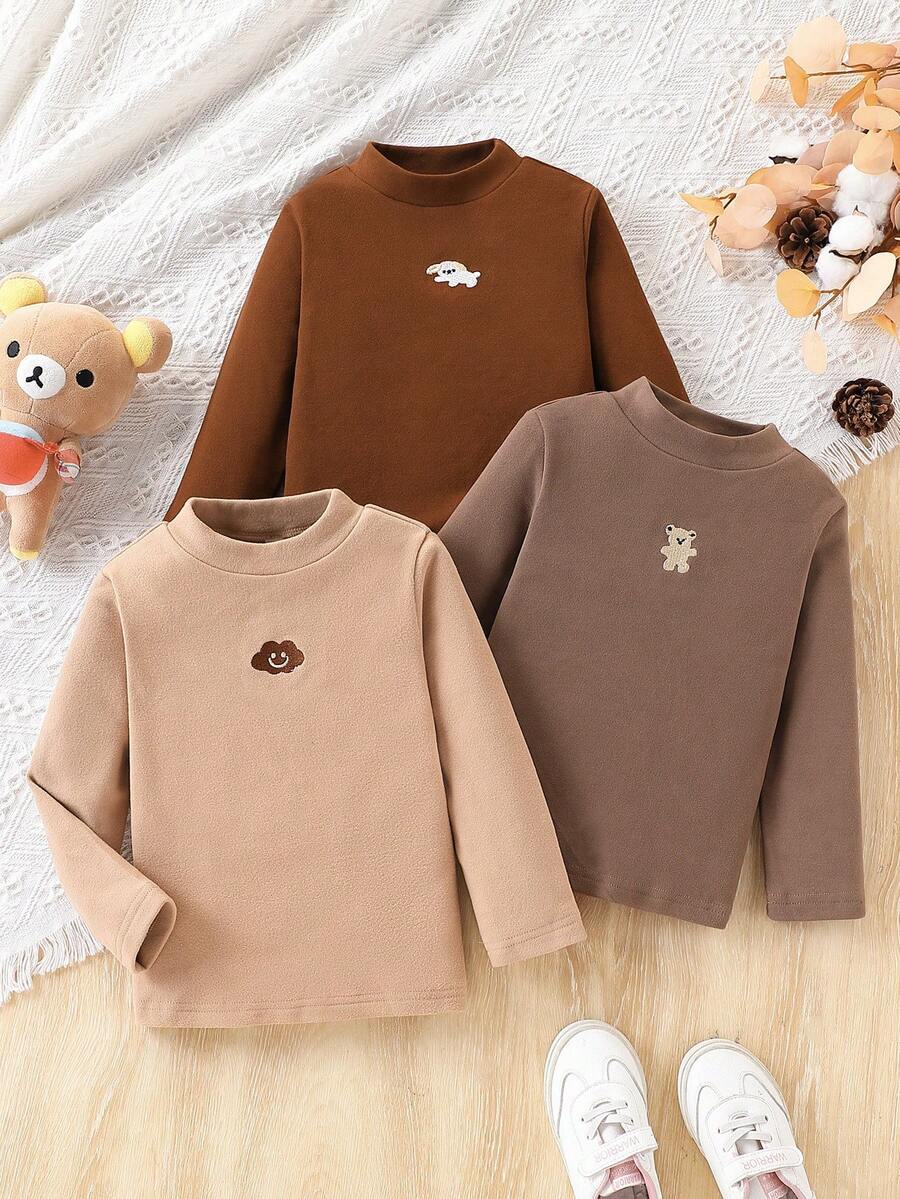 3 件装少女休闲卡通动物刺绣圆领百搭长袖 T 恤，适合秋冬季日常穿着、上学和户外活动