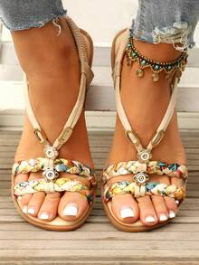 Women's Flat Sandals With Elastic Straps & Floral Design – Perfect For Beach Days And Travel,Plus Size Women's Sandals11 - 米色 - 查看 1