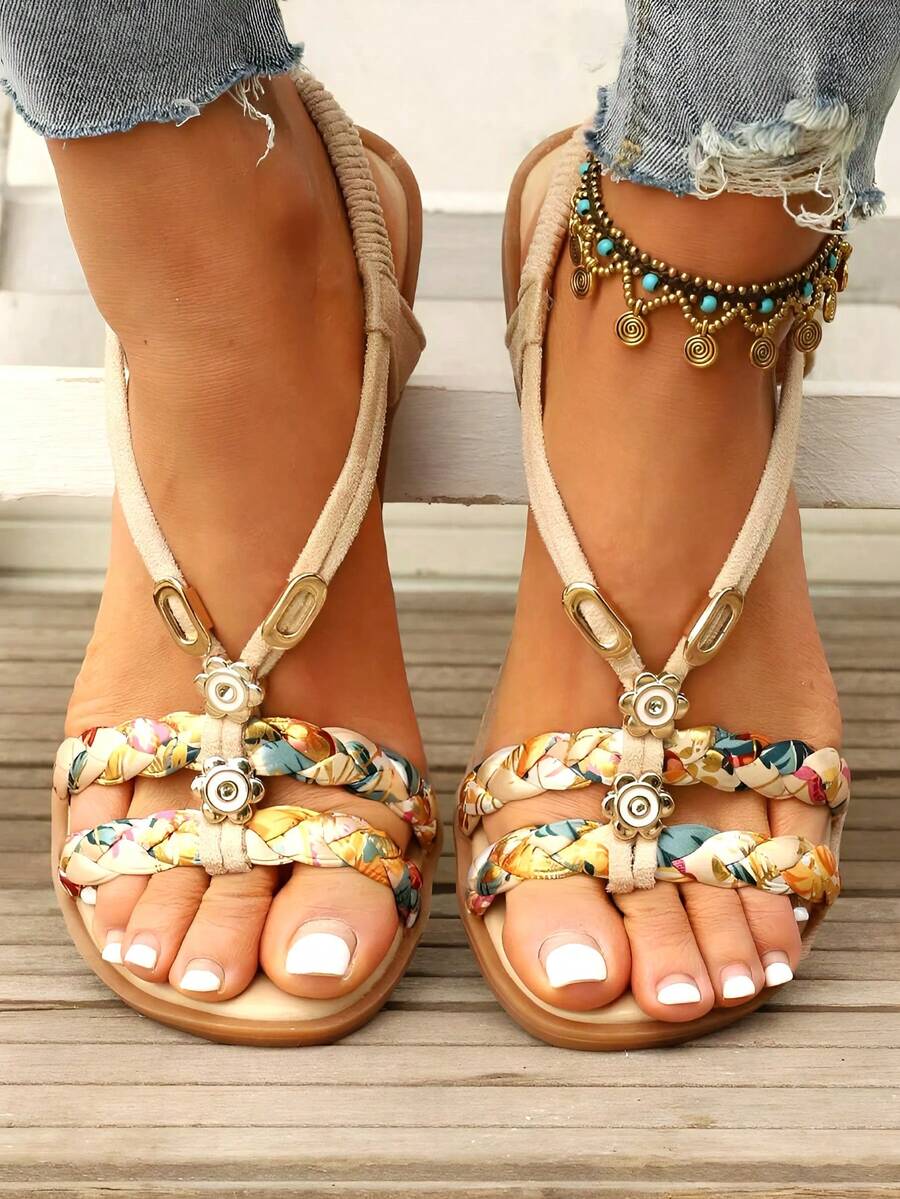 Women's Flat Sandals With Elastic Straps & Floral Design – Perfect For Beach Days And Travel,Plus Size Women's Sandals11 - 米色 - 查看 1