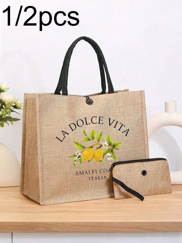 1/2 Pcs Lemons Pattern Tote Bag&Purse - Italian Summer Style, Lightweight , Reusable Shopping Bag With Fresh Lemon & Green Leaf Design, Everyday/Beach Bag|Summer Fashion Bag| Handle Bag, Lightweight Makeup Organizer For Travel, Pencil Pouch, Purse,Toiletry Bag For Women And Beach Tote Bag.
