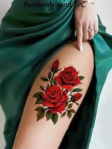 4张花朵临时纹身贴女士红玫瑰纹身防水假纹身贴纸适合所有节日派对