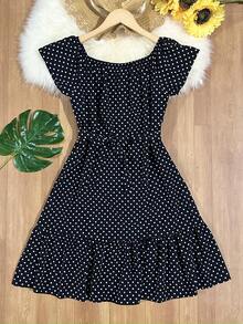 Floral Polka Dots With Belt Ruffle Hem Beach Women's Fashion - Black - View 1