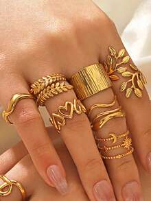 6 件/7 件不锈钢镀金时尚优雅几何心形椭圆叶戒指套装，适合女性日常、约会、节日佩戴，高端戒指套装 - 彩色 - 查看 4