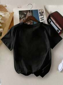 Girls Slogan & Floral Print Round Neck T-Shirt, Soft Casual Tee For Spring/Summer - Black - View 3