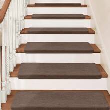 Plush Soft 14pcs Bullnosed Carpet Stair Treads Cover (9.5" X 30"X1.2")With 1pcs Landing Mat (24"X36") Rugs Set Tape Free Self-Adhensive Non-Slip Noise Reduced - 棕色 - 查看 9