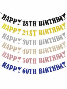 1pc HAPPY BIRTHDAY Pull Flag, 18/21/30/40/50/60 Black/Gold/Silver/Rose Gold/Champagne Gold/Blue Birthday Party Decoration Pull Flag Banner - Multicolor - View 2