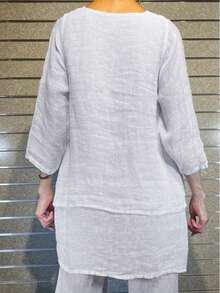 大码女装两件套，纯色七分袖，带口袋，宽松版型，渐变/不对称设计，休闲百搭，适合春秋季节穿着。 - 白色 - 查看 3