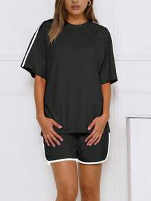 Women's Two Piece Short Top Contrast Trimmed Drawstring Shorts Summer Matching Set - màu đen - Xem 4