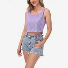 Women's Sequin Square Neck Tank Top With Sleeveless Design And Cropped Fit - Purple - 紫色 - 查看 3