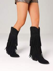Women's Retro Fringe Knee High Cowboy Boots Fashion Pointed Toe Block Chunky High Heels Pull On Vintage Western Cowgirl Boots - màu đen - Xem 5