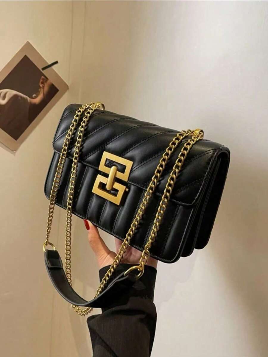 1pc Ladies' Embroidered Striped Fashionable New Arrivals Lock Closure Square Bag, Solid Color All-Match Chain Bag Ideal For Dating Gift - Black - View 1