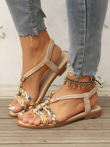 Women's Flat Sandals With Elastic Straps & Floral Design – Perfect For Beach Days And Travel,Plus Size Women's Sandals11 - 米色 - 查看 4
