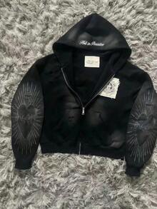 Women's Printed Sweatshirt Short Hoodie Street Versatile Zipper Cardigan Jacket - màu đen - Xem 2