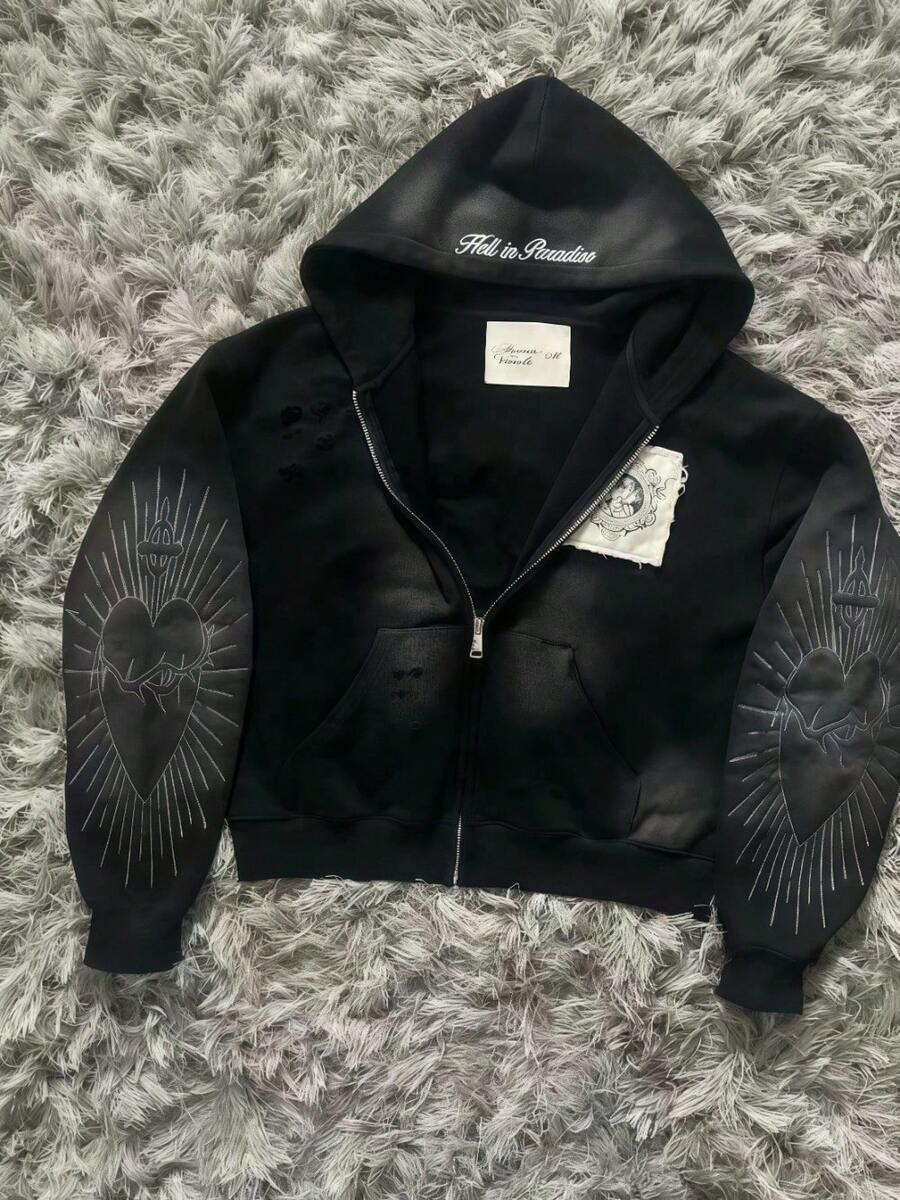 Women's Printed Sweatshirt Short Hoodie Street Versatile Zipper Cardigan Jacket - 黑色 - 查看 1