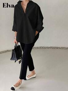 ELVA Black Top Old Money Aesthetic Long Sleeve Baggy Office Outfits For Women Work Tops Women Fall Women Clothes Back To School Clothes Homecoming Dresses Boyfriend Teacher Outfits For Women Business Casual Woman