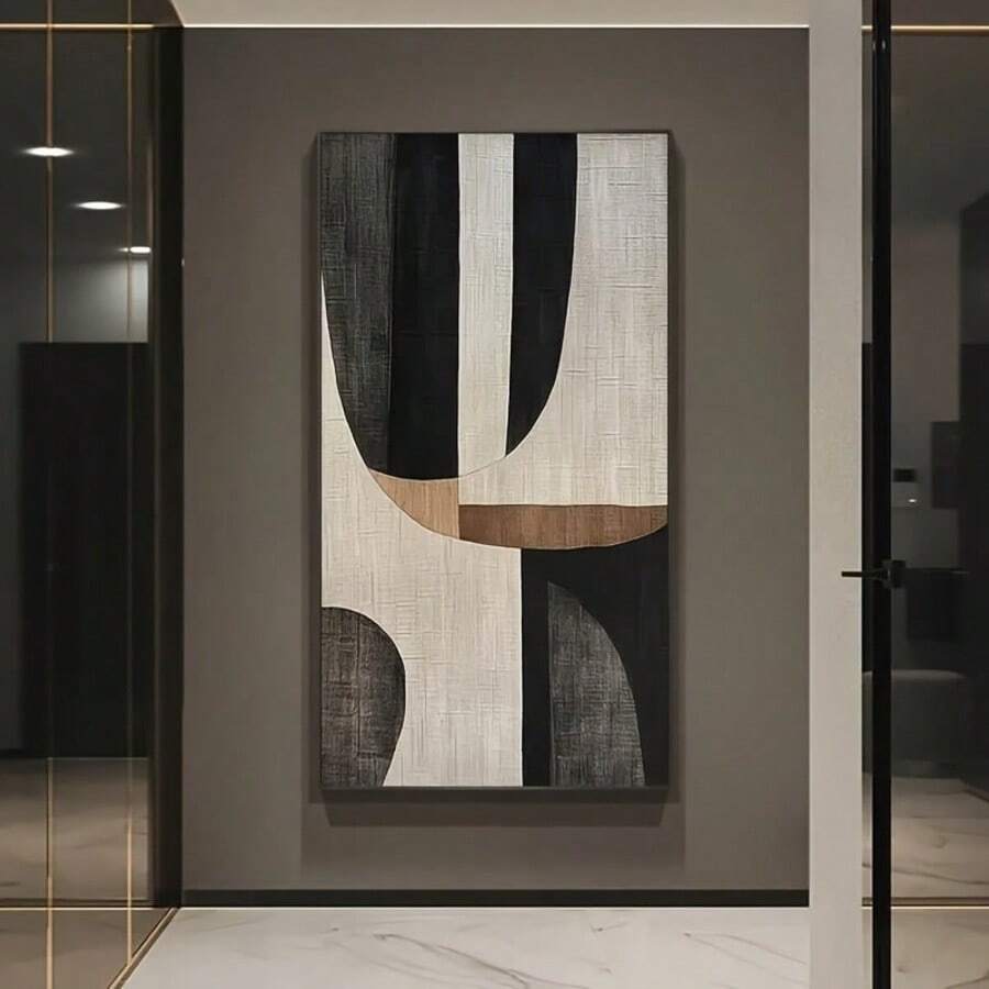 1 Piece Large Unframed Abstract Canvas Wall Art, 50x100cm/19.68x39.37in - Modern Bohemian Style Design, Black, Beige And Gold Geometric Patterns, Ideal For Living Room Decor - Multicolor - View 1