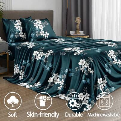 4pcs Plant Leaf & Jasmine Floral Pattern Bedding Set, Soft Microfiber Easy Care Bedding Set, Floral Pattern Bed Sheet Set (1 Bed Sheet + 1 Bed Skirt + 2 Pillow Cases), Bed Skirt Set, Fits Twin, Full, Queen, King Size Beds, Deep Pocket Design Fits Up To 11.8 Inch Mattress, Breathable & Wrinkle-Resistant, Luxury Hotel Style, Great Gift For Parents, Friends, Dorm Room, Back To School